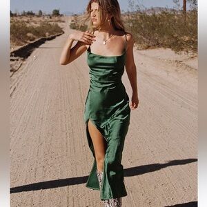 LIONESS WALK THE LINE MIDI GREEN DRESS SIDE SLIT SILKY SOFT COWL NECK SLIM FIT